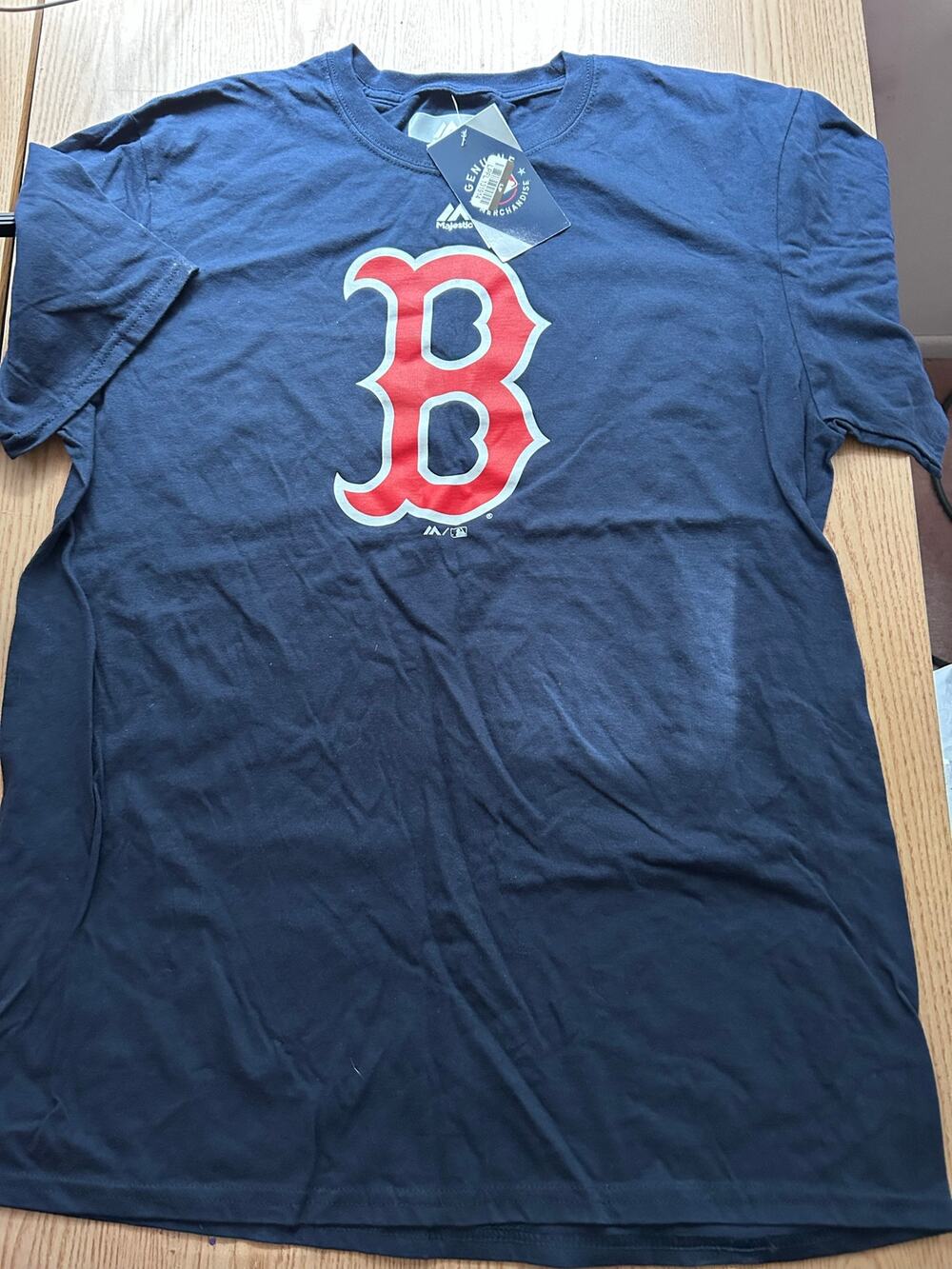 New Mens Majestic Boston Red Sox Baseball ⚾️ Navy T-shirt Cotton Large w/Flaw